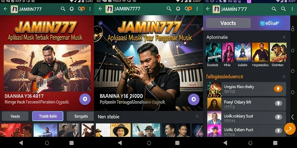 Screenshot menampilkan antarmuka aplikasi JAMIN777 dengan pilihan lagu musik