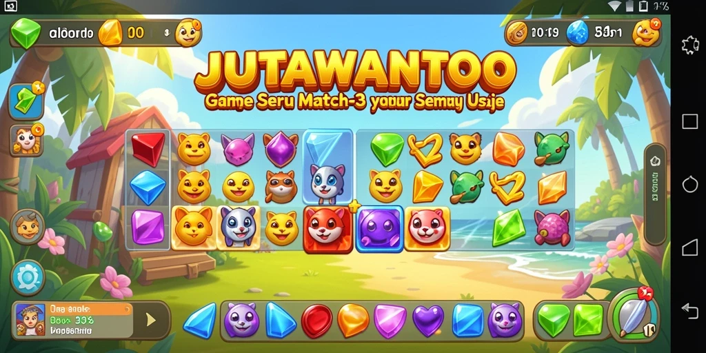 Screenshot gameplay JUTAWANTOTO menampilkan tantangan mencocokkan permata.