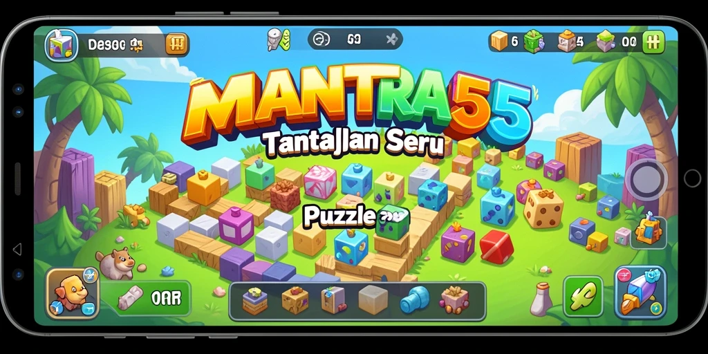 Tampilan gameplay MANTRA55 yang penuh warna dan menantang.