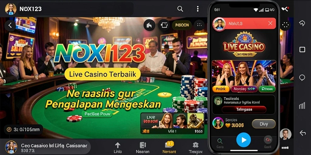 Screenshot gameplay NOX123 menampilkan dealer langsung dan meja permainan yang menarik.