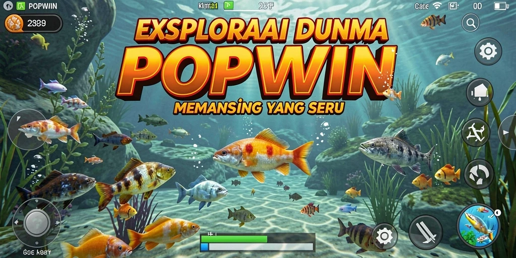 Screenshots menunjukkan pemain memancing dengan berbagai peralatan di lokasi indah.