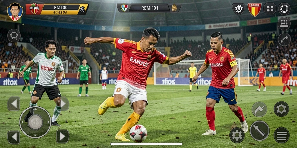 Tampilan gameplay menarik dari REMI101 yang menampilkan pertandingan sepak bola seru.