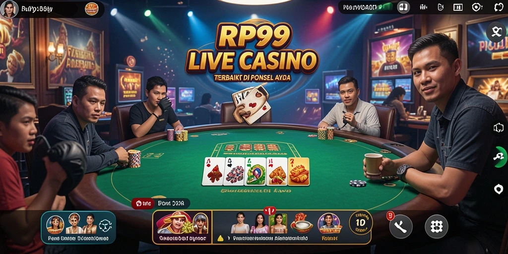 Screenshot utama RP99 menampilkan dealer langsung dengan pengalaman bermain kasino yang nyata.