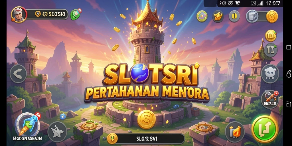 Screenshot permainan SLOTSRI dengan aksi pertahanan menara nyata.