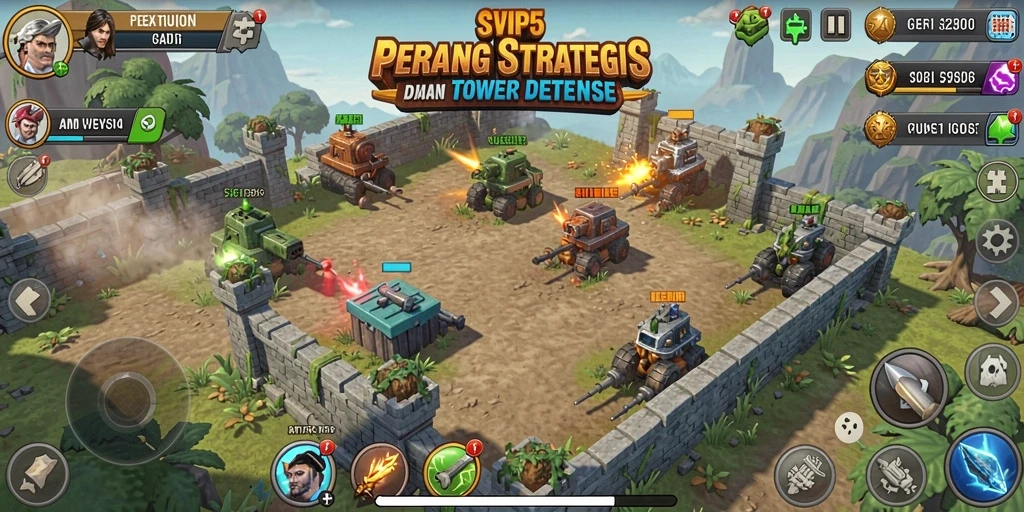 Screenshot gameplay SVIP5 menampilkan aksi Tower Defense yang intens.
